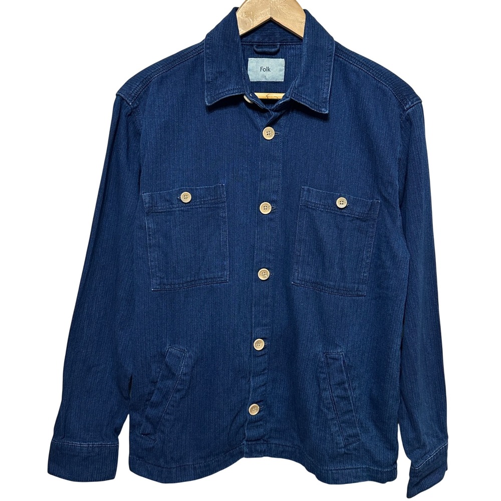 Folk Herrington Denim Chore Coat Mens L Indigo Blue Herringbone Stripe Shacket